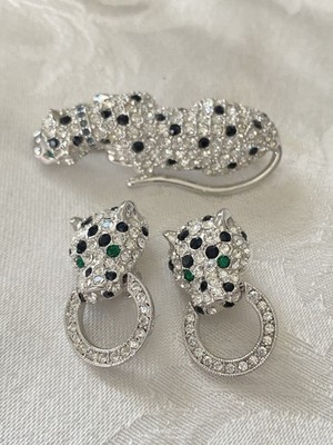 KJL For Avon Leopard Brooch & Earring Set Rhinestone Kenneth Jay Lane Vintage