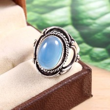 925 Sterling Silver Natural Blue Chalcedony Gemstone Jewelry Ring US All Size 