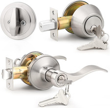 Entry Door Handle Set with Single Cylinder Deadbolts Combo Pack,Satin Nickel Fin