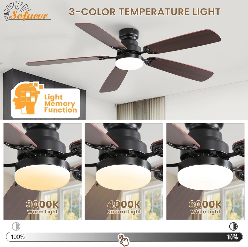 132Cm Ventilatore Da Soffitto Con Luce LED, Dimmerabile 3CCT, Telecomando, 6 Vel - Immagine 4 di 4