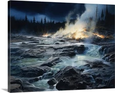 Yellowstone Park Fire and Night lights  Canvas Wrap Giclee Art Print Watercolor