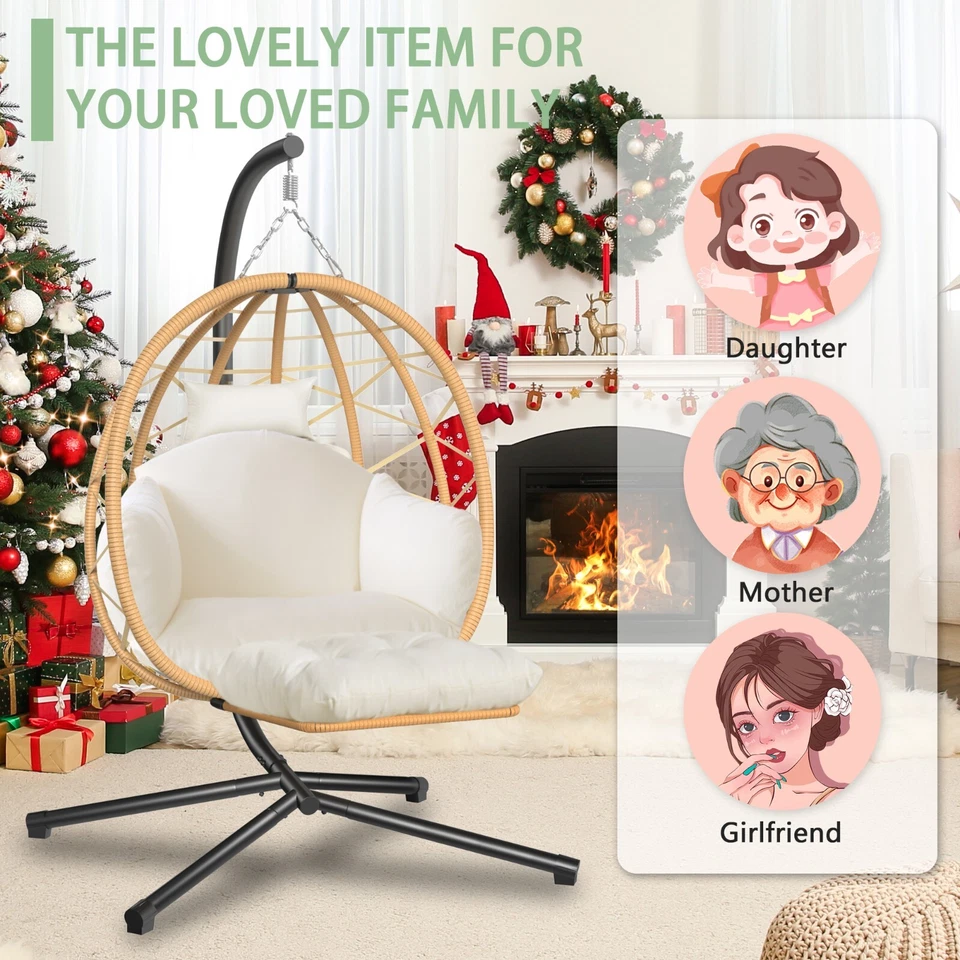 Hanging Egg Chair Outdoor Patio Wicker Chair with Stand UV Resistant Cushions - Image 4 of 4