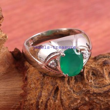 Natural Green Onyx & CZ Gemstones 925 Sterling silver Ring for men's #J66