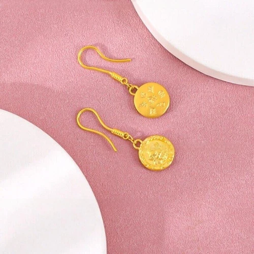 Pure 999 24K Yellow Gold Lucky Women Wealth God Dangle/Drop Earrings 2.15-2.3g - Picture 7 of 10