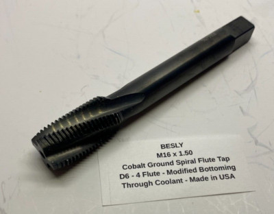 BESLY M16 x 1.50 Cobalt Spiral Flute Tap - 4 Flute - Mod Bottoming - D6 - USA -