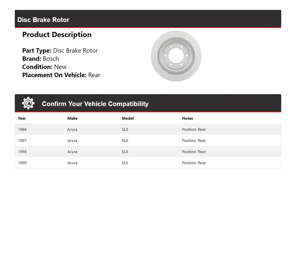 Rotor de freno de disco trasero para Acura SLX 1996-1999 Bosch QuietCast 1997 1998 Foto 2 de 4