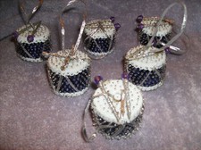 NEW 6 PC PURPLE DRUM WITH DRUMSTICKS CHRISTMAS ORNAMENTS SILVER HANDMADE IN USA