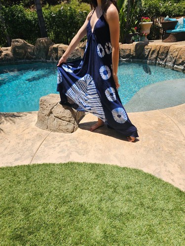Maya Antonia Hand Tie-Dye IndigoBlue Stunning,Halter Maxi Dress/Free Waist/Flowy - Picture 4 of 7
