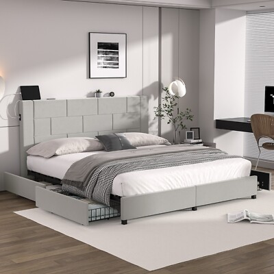 Queen King Size Bed Frame with 4 Storage Drawers and USB Ports Charging ...