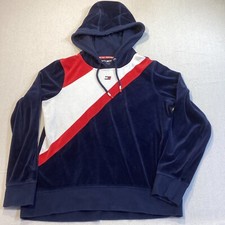 Tommy Hilfiger Sport Navy Velour Hoodie Red White Chevron Women's Size Small