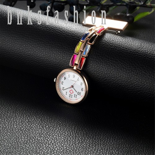 Luxury Clip-on Colorful Rhinestone Nurse Watch Hanging Lapel Brooch Fob Watches - Picture 8 of 16