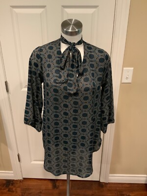 Allison Joy Black, Blue & White Floral Patterned Shirt W/Neck Tie Blouse, Size M