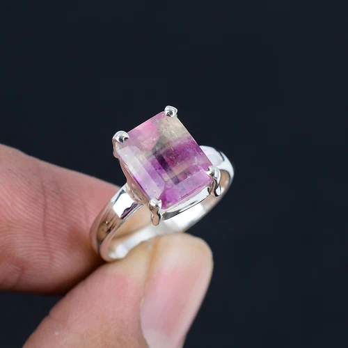 Fluorite Gemstone 925 Sterling Silver Handmade Statement Ring Jewelry LS-476