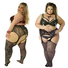 BBW Plus Size 14-36 Fishnet Tights Stockings Crotchless Mock Suspender, bodysuit