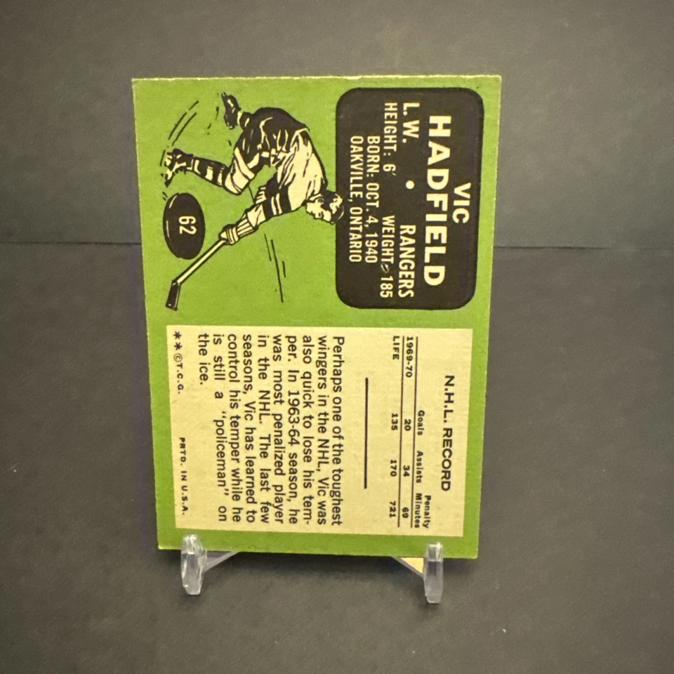 1970-71 Topps Hockey #62 Vic Hadfield VG/EX - Image 2 of 2