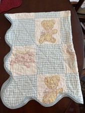 Vintage Baby Quilted Blanket Scalloped Edge Blue Gingham Pink Adorable Animals