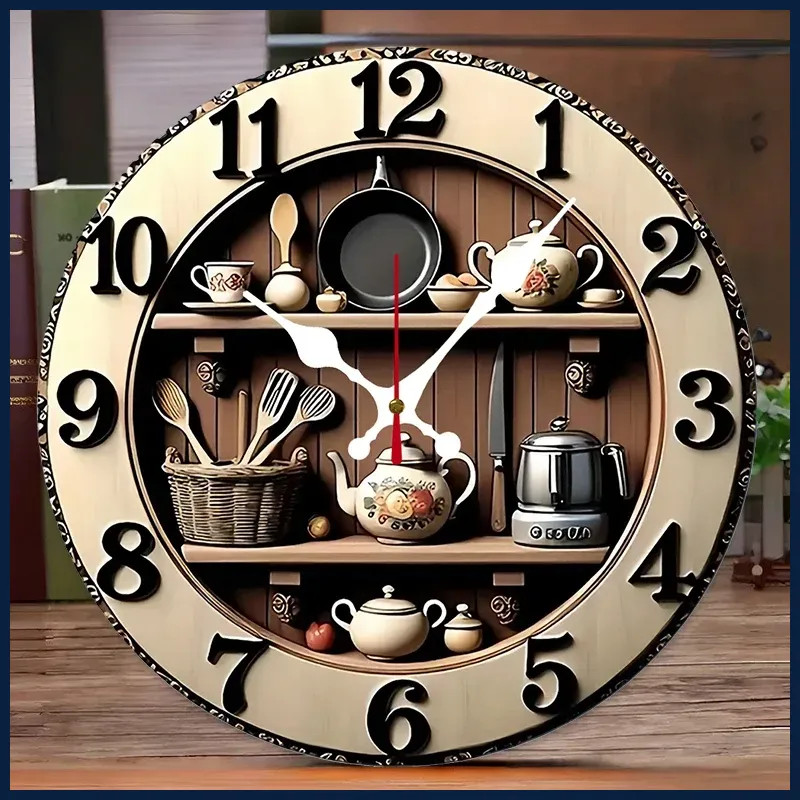 2D Kitchen Utensils Wooden Round Silent Hanging Wall Clock,Suitable