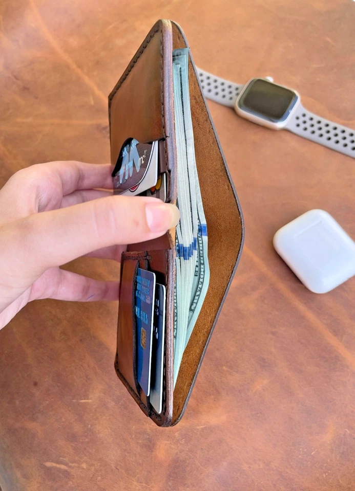 Men's Handmade Genuine Leather Bifold Credit Card Holder RFID Blocking Wallet - Image 4 of 4