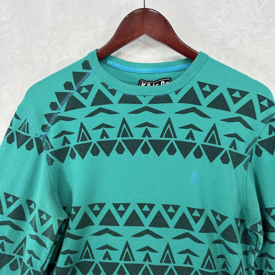 Volcom Thermal Shirt Mens Medium Teal Tribal Stripe Long Sleeve Waffle Knit Y2K - Image 2 of 4