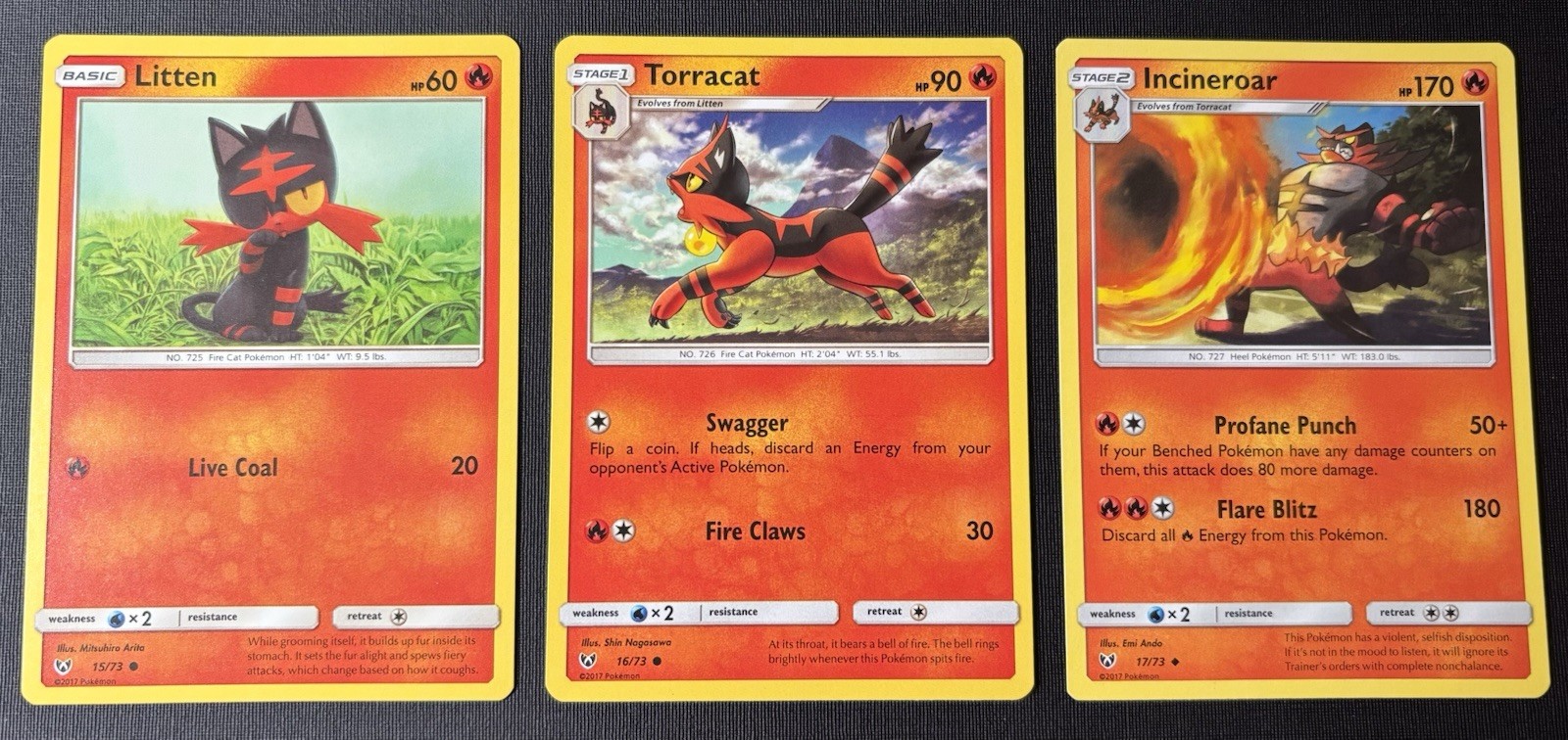 Pokemon Litten #15 & Torracat #16 & Incineroar #17 Shining Legends Card Set