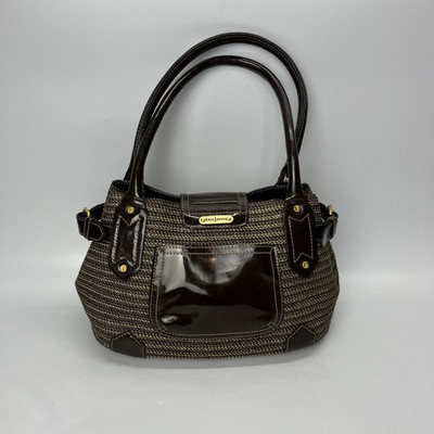 Eric Javits Handbag Double Handle Purse Brown Gold Metallic Woven Straw