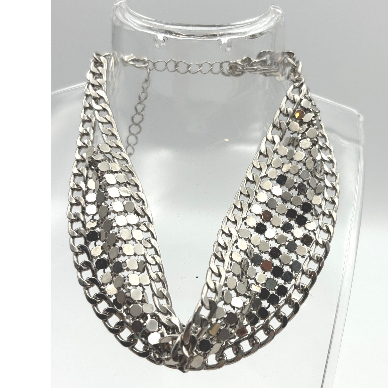 Statement Bib Necklace Silver Tone Mesh Chain Party Choker Costume