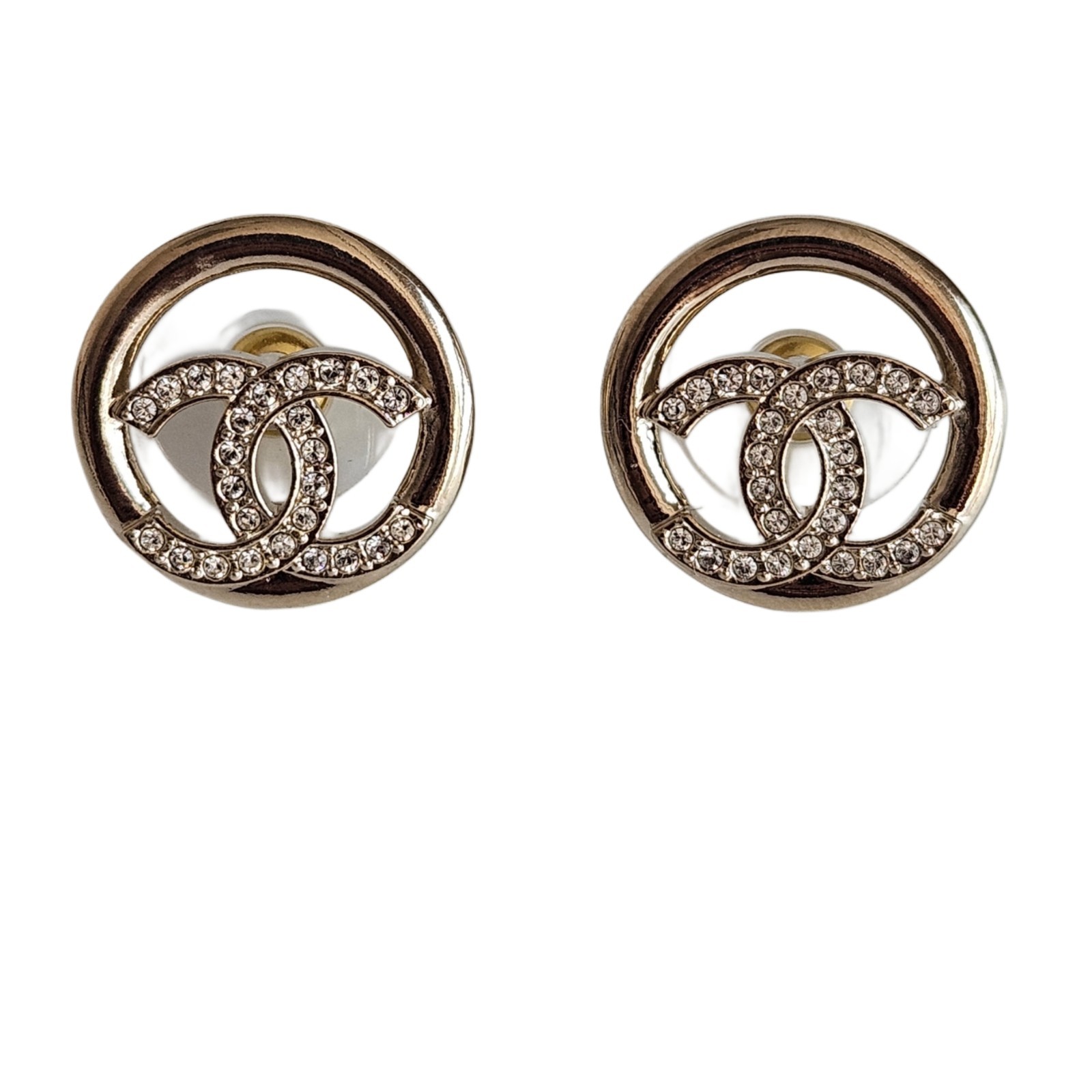 Chanel Round CC Crystal Stud Earrings in Silver Tone