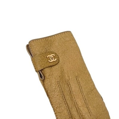 CHANEL Vintage CC Mark Logo Gloves Turn Lock #7.5 Leather Light