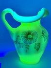 Vintage Fenton Burmese Satin Custard Ribbed Optic Hibiscus Pitcher 5.5” Glows!