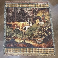 Vtg Hunting Dog Tapestry Throw Blanket Rustic Lodge Cabin Decor Americana
