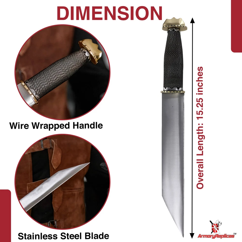 Medieval Seax Dagger Stainless Steel Blade Brass Pommel Reenactment Collectible - Image 2 of 4