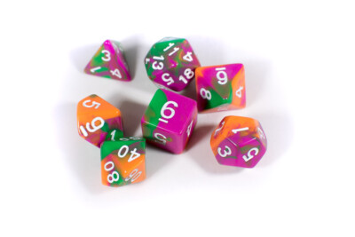 SHERBET TRI-COLOR SWIRL ORANGE/GREEN/PURPLE Dice BrycesDice DnD Polyhedral