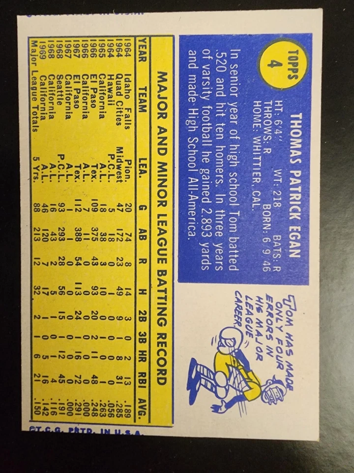 TOM EGAN 1970 TOPPS #4 CALIFORNIA ANGELS VINTAGE MLB BASEBALL WHITE NEARMINT - Image 2 of 2