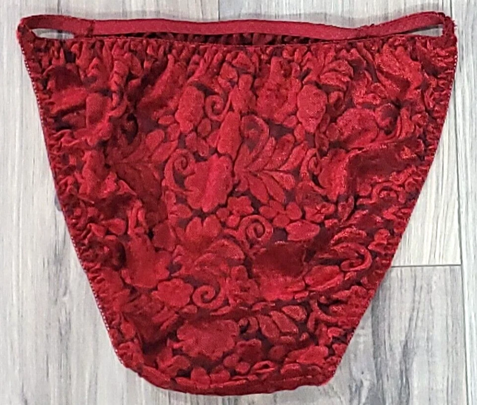 Bragas de bikini vintage nuevas de colección Fredericks of Hollywood Burnout de terciopelo rojo floral L Foto 2 de 4