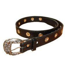 Black Leather Belt Ornate Western Silver tone Buckle Medium fits 33" - 37"
