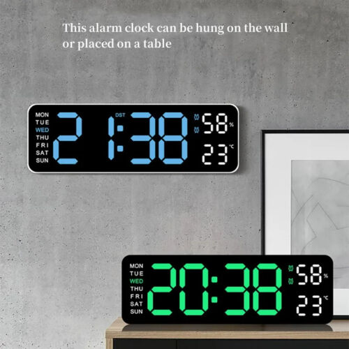 9 In Large Digital Wall Clock USB Powered Humidity Week Auto Dimmer Table Clock - Picture 3 of 37