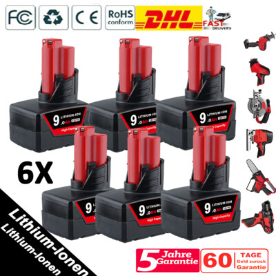 6x  Ersatzakku Für Milwaukee M12 B6 LI-Ion XC 9000mAh 12V  48-11-2402