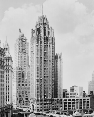Tribune Tower Building Chicago, Illinois Photograph Gothic Skyscraper 1931 8x10