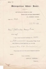 METROPOLITAN WATER BOARD, Roseberry Ave, E.C1 1921 Certificate Letter Ref 46299