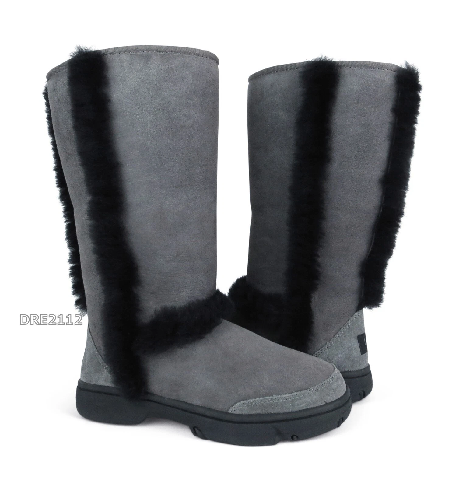Stivali UGG Sunburst alti grigi neri in pelliccia scamosciata taglia 7 *NUOVI*