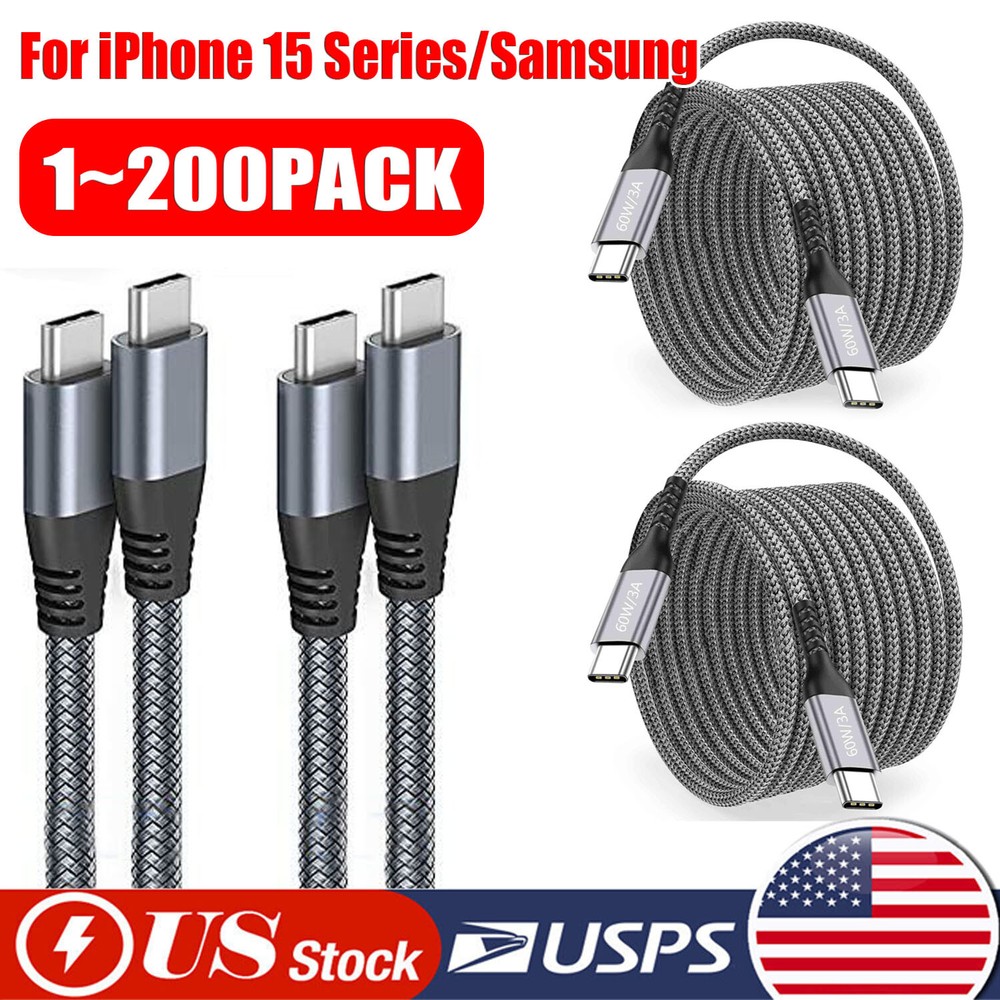 60W USB C to C Cable Fast Charge PD Nylon Cord 3/6/10FT for iPhone15 Samsung lot