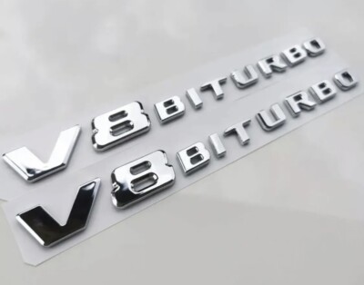 2 X Chrom GLANZ Mercedes Benz V8 Biturbo Schriftzug Emblem Logo Kotflügel NEU