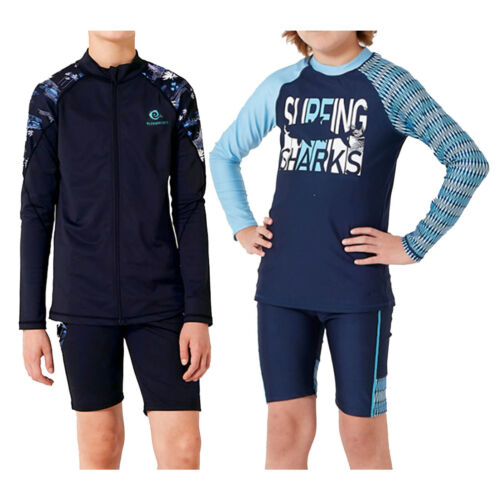 Boys Outfits Seaside Swimsuit Summer Tracksuits Zip Up Wetsuit Swim Cap UPF50+ - Picture 5 of 33