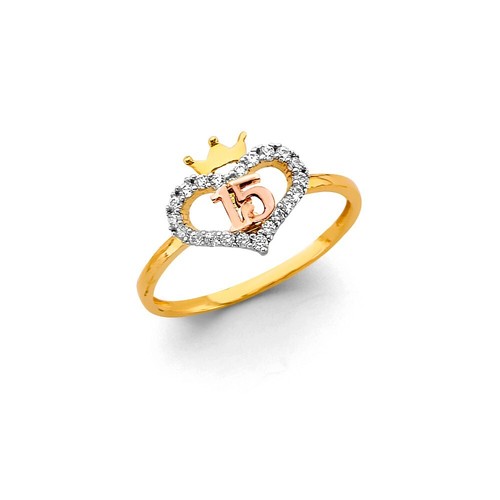 14K Gold CZ Crown Heart Sweet 15 Ring Quinceanera Anos 15 Years Birthday Band - 第 1/1 張圖片