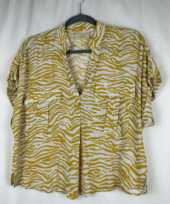 Maeve Anthropologie Top Women Sz Small Yellow White Zebra Print Cap Sleeve