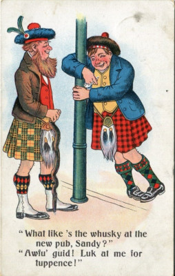 Schotte Kilt Whisky betrunken Comic Küste Postkarte verschickt 1918 North Queensferry