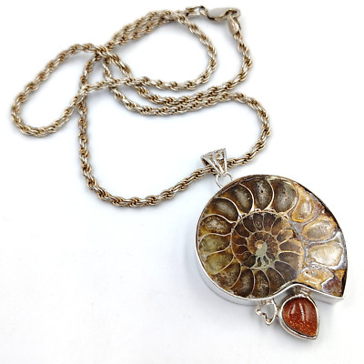 Ammonite Fossil Goldstone Glass Sterling Silver 925 Statement Pendant Necklace