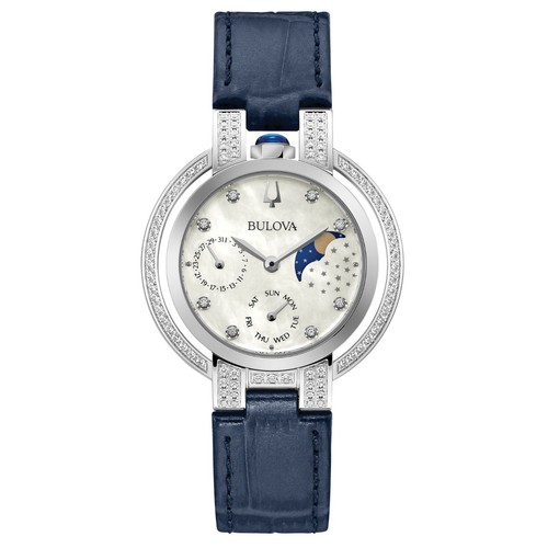 Bulova Rubaiyat Women's Quartz Blue Moon Phase Calendar Watch 35MM 96R237