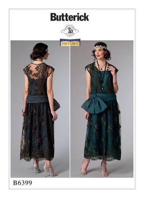 B6399 Sewing Pattern 1920 Flapper Drop-Waist Dress Gown Bow Historic Patron NEW!