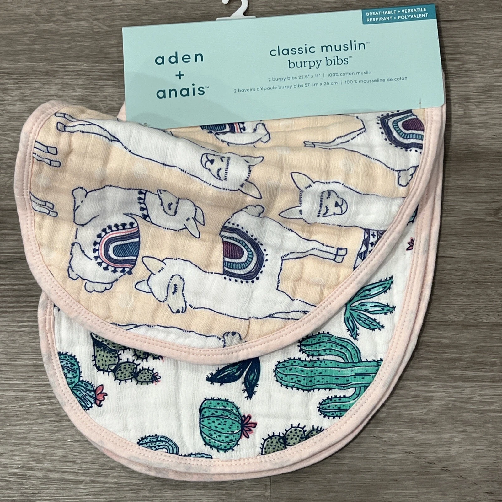 2 Burpy Bibs Aden + Anais Cotton Muslin Trail Blooms Cactus Llama 2-in-1 Use New